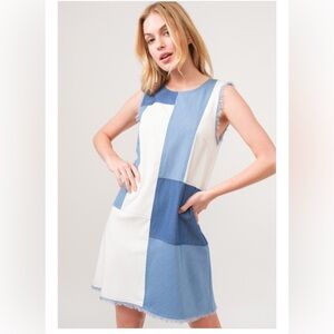 NWT Colorblock Sleeveless Patchwork Shift Dress in Blue and White  - Size S